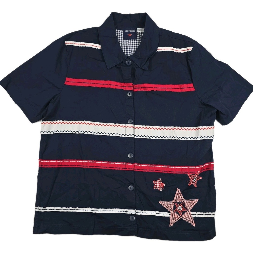 Sportelle Vintage Women's Size Large Navy Blue Striped Flag Button Up‎ Shirt